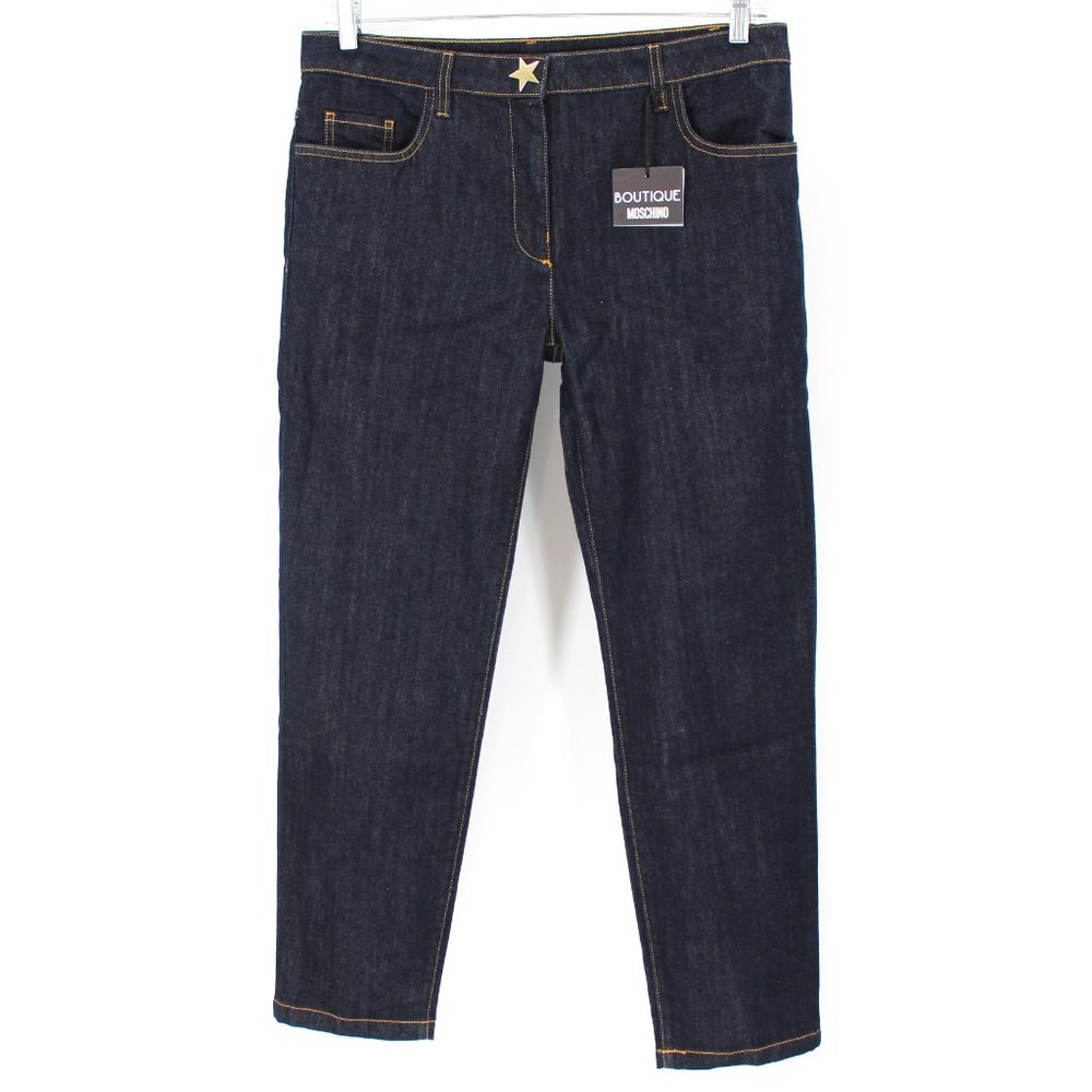 Boutique Moschino Dark Blue Wash Denim Jeans Star Pocket Gold Star Button 46 NEW